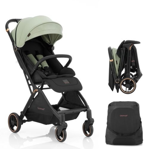 Gravity+Folding+Baby+Stroller+-+Portable+Toddler+Stroller+w/Adjustable+Backrest+&+Canopy.+Lightweight+and+UV+Protected+Travel+Stroller.+One-Hand+Automatic+Folding+-+Green