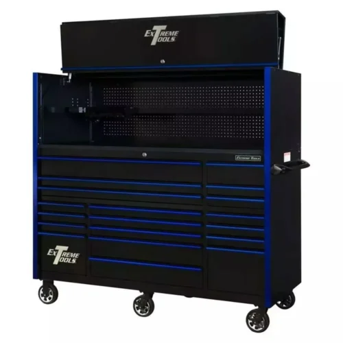 EXTREME+TOOLS+72+RX+SERIES+19-DRAWER+30+DEEP+ROLLER+CABINET+W/HUTCH+-+BLACK+W/BLUE+DRAWER+PULLS